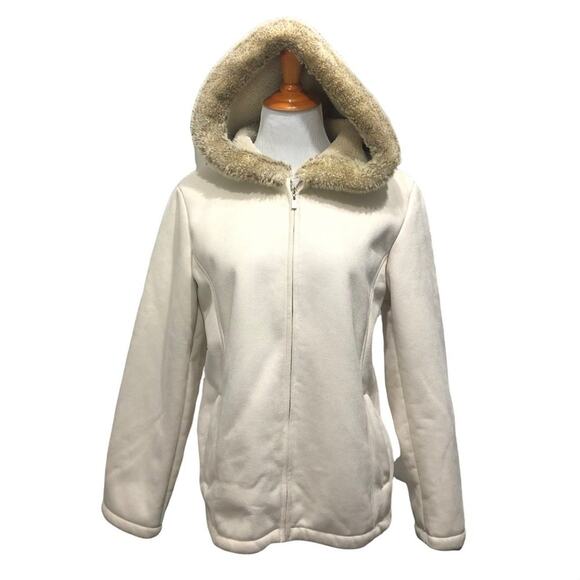 New York & Company Fur Hood Jacket Large Cream Polyester Acrylic blend - Picture 2 of 9